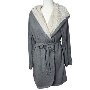 Aerie Women Hooded Plush Lined Cozy Robe Shawl Collar Tie Waist Gray Size XL